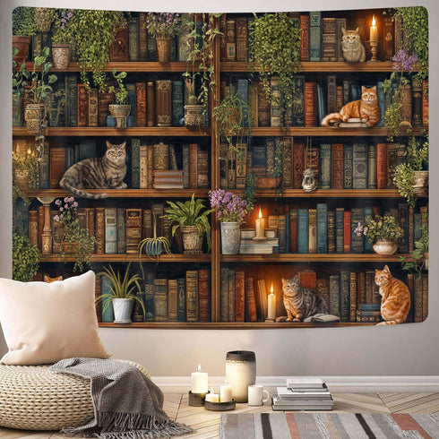 40X30 Inch GOAOK Magic Library Tapestry, Green Nature Plant Bookshelf Tapestries for Classroom, Vintage Retro Witchy