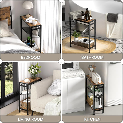 3-Tier Small Side Table for Small Space, Narrow End Table with Magazine Holder,Slim Nightstand, Skinny Snack Couch
