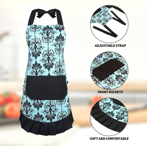 G2PLUS Vintage Damask Mothers Apron for Women, Extra Long Ties, Pockets, 28 x 27 Inch, Perfect for Cooking, Baking,