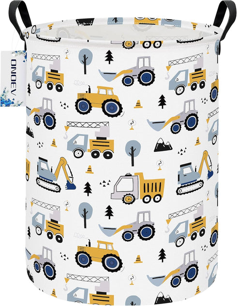ONOEV Round Construction Truck Collapsible Laundry Hamper for Nursery,Cute Forest Vehicles Excavator Toy
