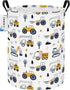 ONOEV Round Construction Truck Collapsible Laundry Hamper for Nursery,Cute Forest Vehicles Excavator Toy