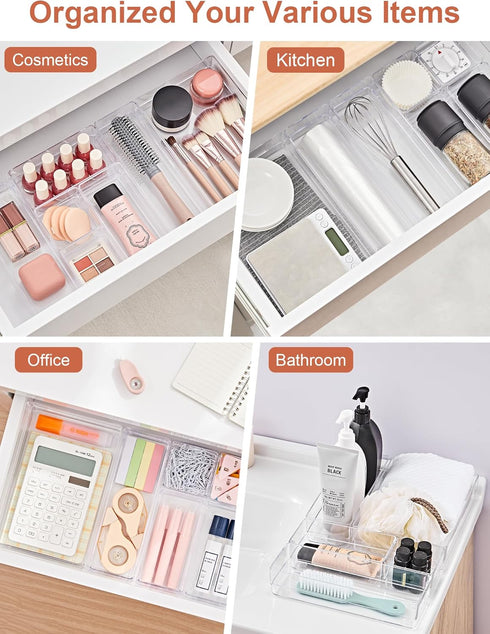 SMARTAKE 37-Piece Drawer Organizer, Non-Slip Silicone Pads, 4-Size Desk Drawer Organizer Trays for Makeup and Office