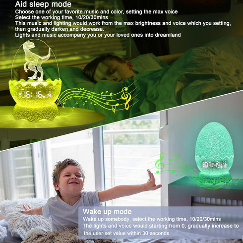NNDHYA ZQY002 Dinosaur Egg Kids Clock | Alarm Clock | Colors Night Light | Lullaby Sound Machine |Bluetooth Speaker
