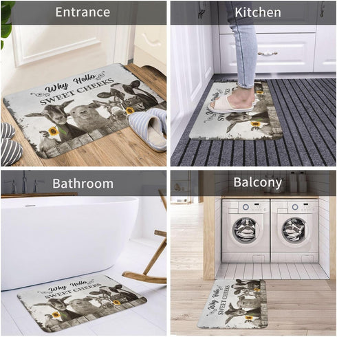 Farmhouse Bath Mat, 16"x24", Non-Slip Cow Door Mat, Quick Dry Washable Funny Animal Shower Floor Rug