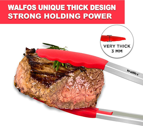 Walfos Kitchen Tongs, 7" 9" and 12" Heat Resistant Cooking Tongs, Stainless Steel and BPA Free Silicone Tips, Set of 3