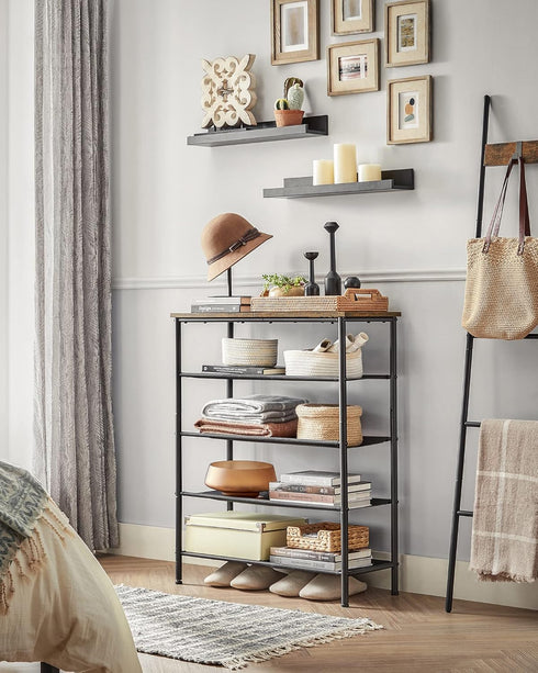 VASAGLE 5 Tier Shoe Rack, Shoe Organizer for Entryway, Holds 12-16 Pairs, with 4 Fabric Shelves, Rustic Brown and Black