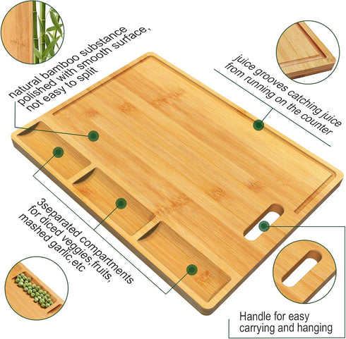 Cutting Boards,Large Bamboo Chopping Board, Built-In 3 Compartments And Juice Grooves, Charcuterie Board for Kitchen Counter Meat (Butcher Block) Cheese, Vegetables,Bread (17 x 12.6") by HHXRISE