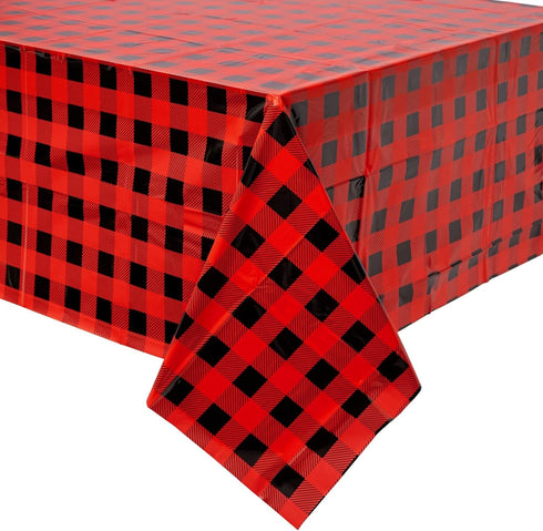 BLUE PANDA Buffalo Plaid Plastic Tablecloth, 3 Pack, 54 x 108 in Red & Black, Disposable Durable Decor for Lumberjack