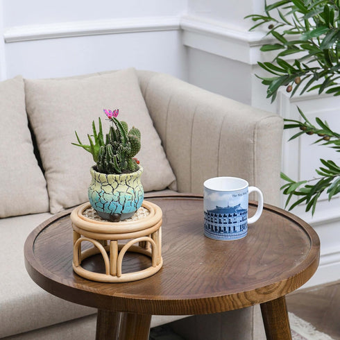 Set 2 of Small Boho Rattan Wicker Round Riser Plant Stand Indoor,Rustic Farmhouse Natural Wooden Circle Pedestal