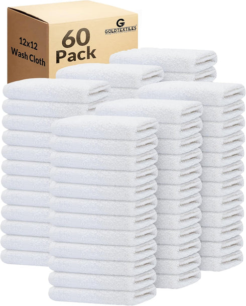 GOLD TEXTILES 60 Pack Economy White Washcloths Set (12x12 inches) - Cotton