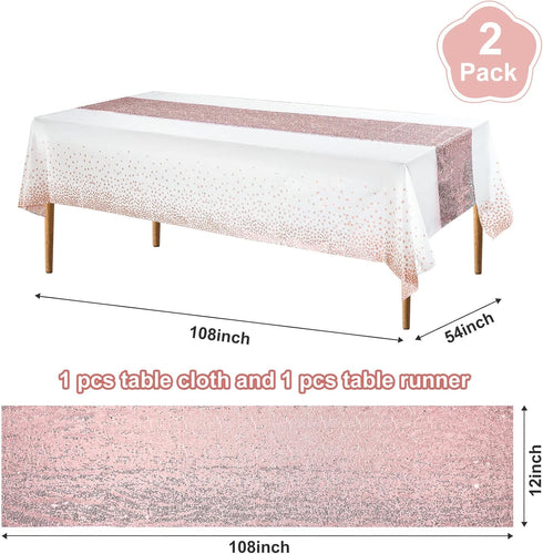 Tablecloth and Sequin Table Runner Set, Polka Dots Confetti Table Cover for Birthday Wedding Party Supplies