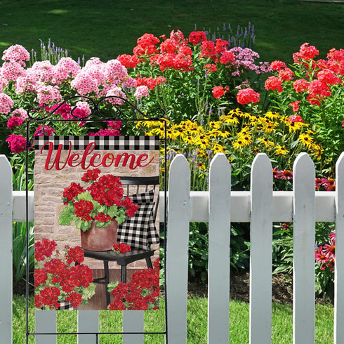 Welcome Spring Geranium Red Flower Decorative House Flag, Black White Buffalo Plaid Floral Pot Chair Garden Decor 28x40