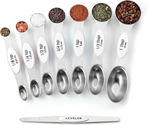 Spring Chef White Stainless Steel Magnetic Measuring Spoons Set of 8, Kitchen Gadgets for Baking