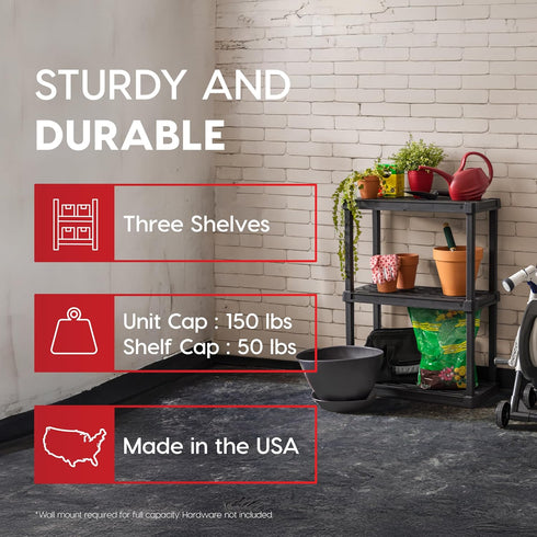 3-Shelf 150lb 33" 24" 12" IRIS USA Light Duty Plastic Storage Shelves, Capacity, H x W x D, Medium Modular Shelving