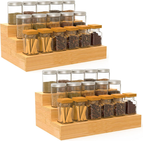 2 Pack Countertop Spice Rack Riser for Cabinet, Bamboo Spice Organizer Display Shelf for Kitchen