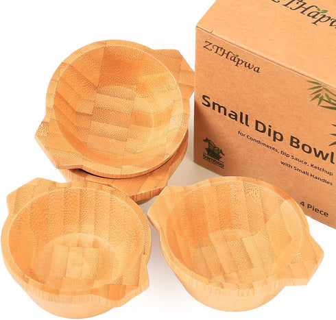 Snack Bowls Set, Small Bamboo Sauce Dish Dipping Bowls with Handle for Appetizers, Dips, Nuts, and Desserts