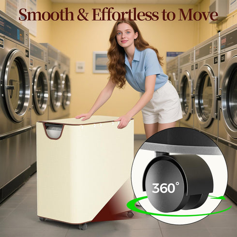 160L 3 3 LAMU Laundry Basket with Wheels, Rolling Laundry hamper with Lid and Removable Laundry Bag, Beige Large