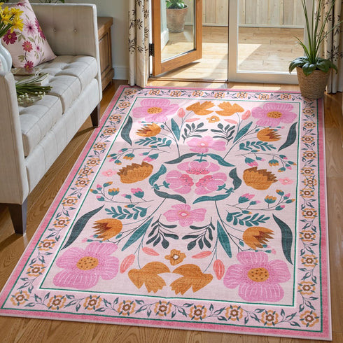 5x7 (Pink,5'x7') Beeiva Pink Flower Rugs for Bedroom Girls, Nursery Rug for Dorm Carpet with Low-Pile Non Slip, Soft