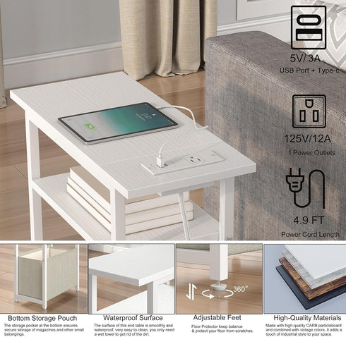 sthmec 3 Narrow Side Table with Charging Station, Small End Table for Small Spaces, Skinny Nightstands with Storage