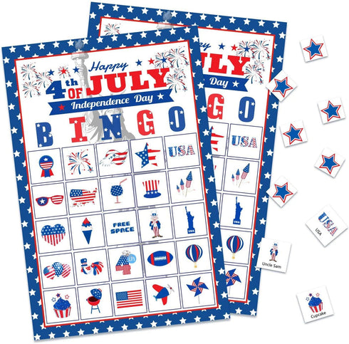 32Players 4th of July Bingo Game - Patriotic Bingo Cards for Kids Adults, Independence Day Party Supplies