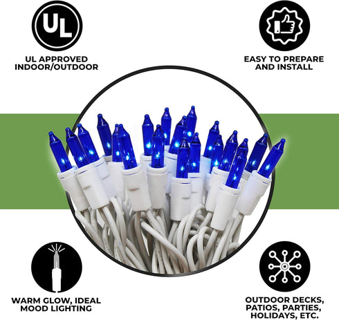 612 50 9 11 Vermont Blue Christmas Lights on a White Wire String, UL Approved, Indoor and Outdoor Use, Foot of Lighted