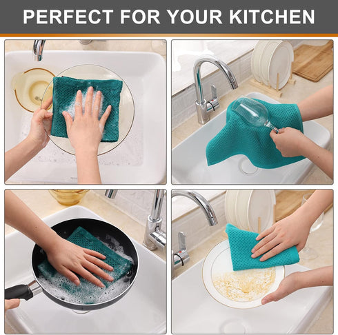Kitinjoy 100% Cotton Kitchen Dish Cloths, 6 Pack Ultra Soft Waffle Weave Dish Towels, Teal, 12 x 12 Inches