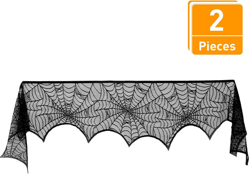 Blulu 2 Pieces Spiderweb Fireplace Mantle Scarf, Lace Halloween Decoration Cover for Home Party Supply (Black, 18 by 96