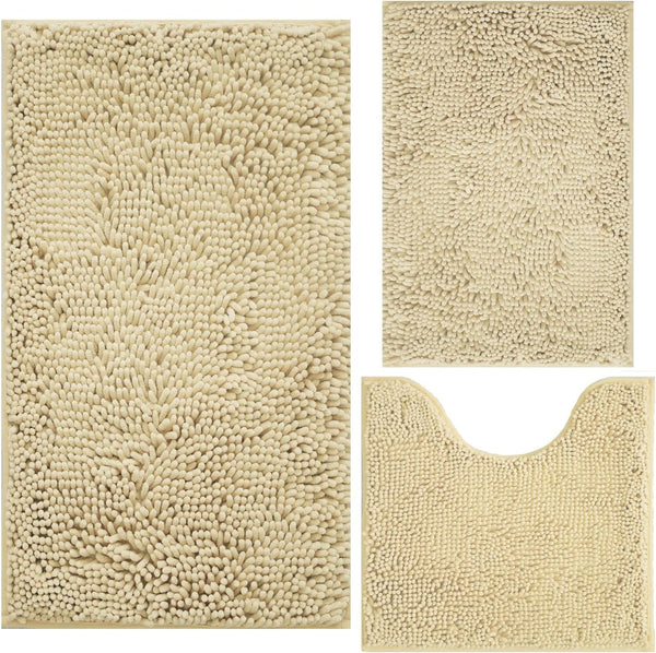 Bath Rugs Chenille 3-Piece Set, Extra Soft Absorbent Shag Beige Bathroom Mats, Machine Wash, Non-Slip Underside