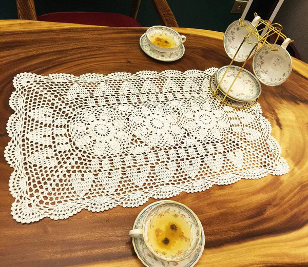 White Handmade Crochet Cotton Table Runner, Lace Doilies, Rectangle Dresser Scarves, 16 by 24 Inches
