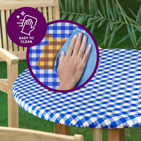 Sorfey Round Tablecloth, Fitted with Elastic, Vinyl with Flannel Back, Fits 60 Inches Round Table, Checked Blue Design