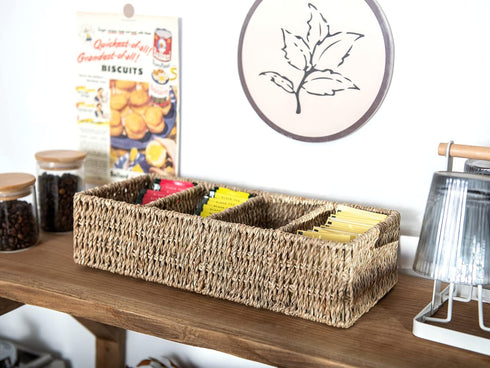 StorageWorks Small Baskets for Organizing, Handwoven Seagrass Baskets with 4 Sections, 2 Pack for Shelves, Pantry,