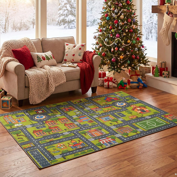 Merelax 4x6 Kids Car Area Rug, Grey Green Area Road Rugs for