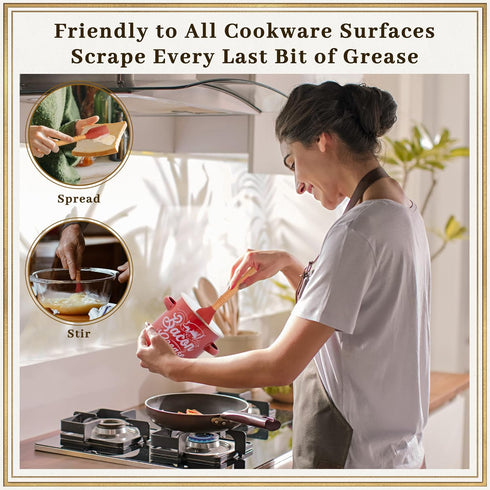 46OZ Ayerphalo Bacon Grease Container with Strainer - Large Capacity, With Silicone Wooden Spatula, Enamel Bacon Grease