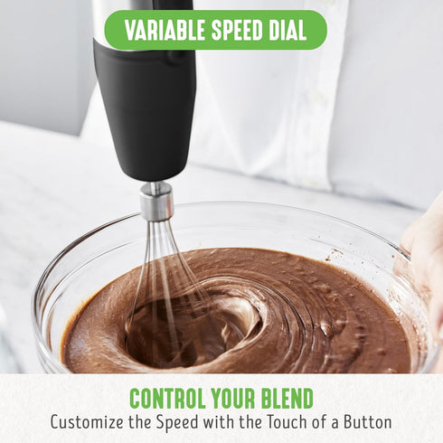 GreenLife 500-Watt Immersion Electric Handheld Stick Blender, Multi-Speed Control, with Whisk, Frother, Measuring Cup