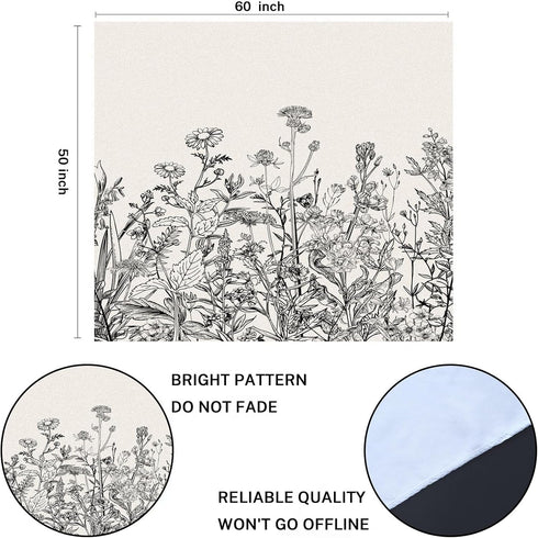 Emvency Tapestry Black and White Floral Border Herbs and Wild Flowers Botanical Wall Hanging 50" x 60" Print