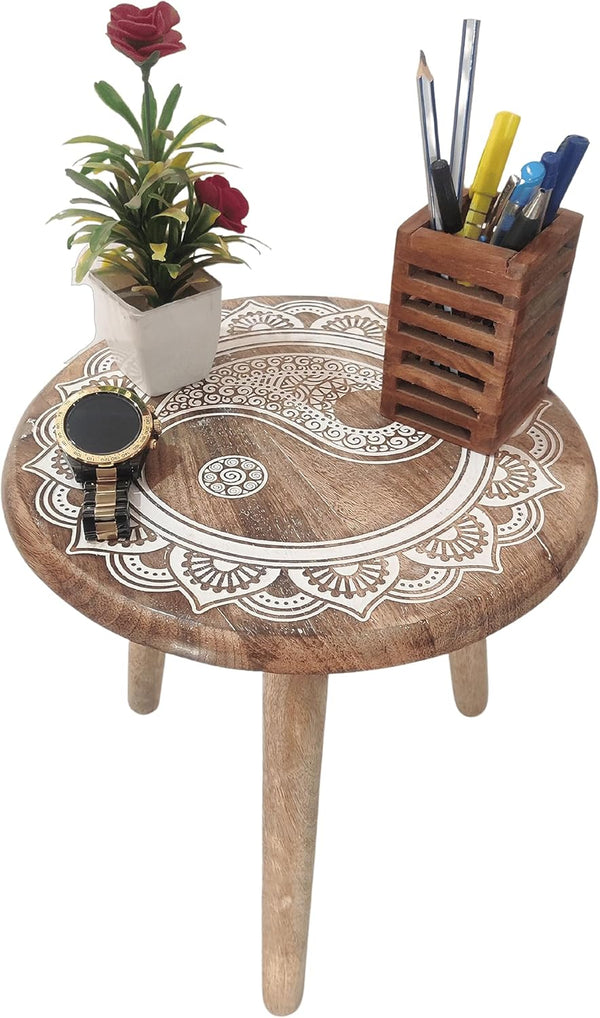 VANIYA CRAFTS Wooden Engraved Fold-able Side Table/End Table/Plant Stand/Stool for Living Room