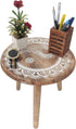 VANIYA CRAFTS Wooden Engraved Fold-able Side Table/End Table/Plant Stand/Stool for Living Room