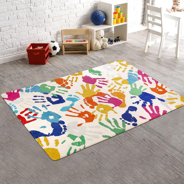 STARUIA Colorful Kids Rug for Playroom, 3'x5' Washable Handprints and Footprints Rugs