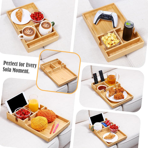 2-in-1 2 Remotes,15.35x9.84-inch Nnewvante Couch Tray, Insert & Flat Sofa Organizer Bamboo with Cup Holders,Fits Seat