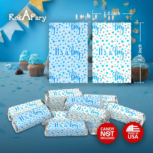 60 It's a Boy Blue Baby Shower Miniatures Candy Bar Wrapper and Stickers Decorations, Made in USA (Candy Not Included)