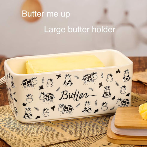 2 porcelain butter dish with lid, Natural bamboo lid, seal included for airtight butter dish, butter holder easily fits