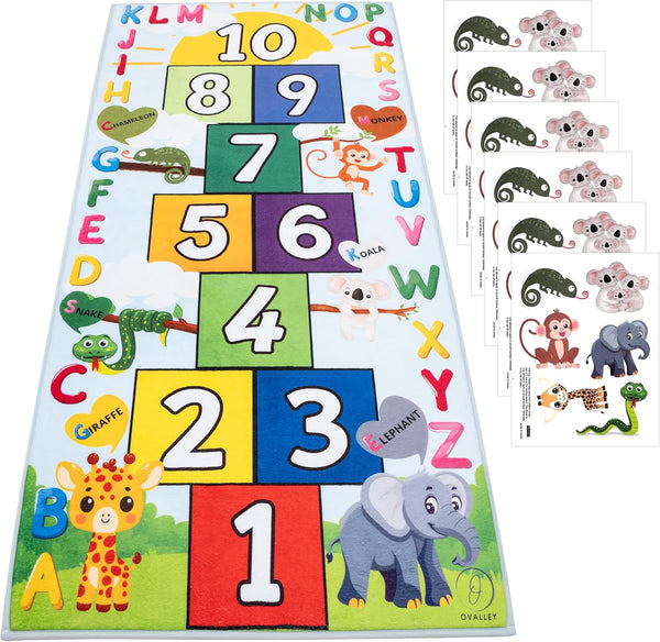 OVALLEY Hopscotch Rug for Kids, Soft & Fun Zoo Animals Hopscotch Play Mat,