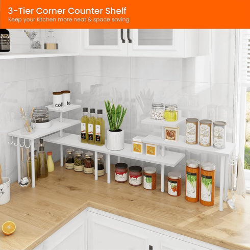 Homode Kitchen Countertop Organizer Corner Shelf, 3 Tier Wood Shelf for Makeup, Bathroom Storage, White