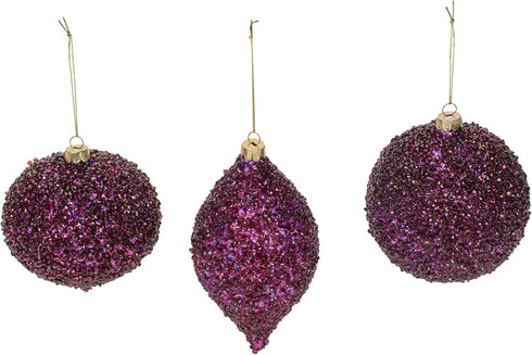 Beaded Purple Plum Glittered Ball Finial - 6 inch Glass Decorative Hanging Christmas Ornament Set