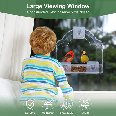Window Bird Feeders for Outside, Clear Acrylic Bird Feeder with 3 Strong Adhesive Sheets for Wild Bird Watching