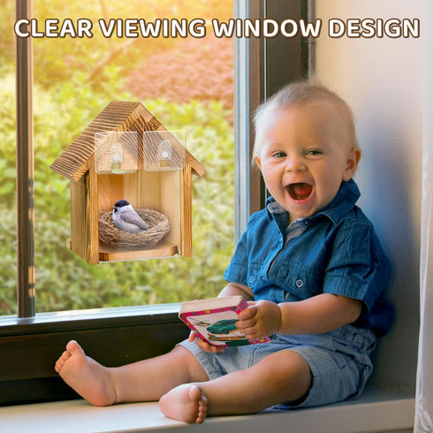 Window Bird Houses for Outside, Clear Bird House with 2 Powerful Hooks, Hanging Wooden Birdhouses for Outdoors
