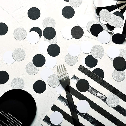 Glitter Confetti Circle Dots for Table Decoration, 1.2 inch Diameter (Silver Glitter, Black, White, 200pc)