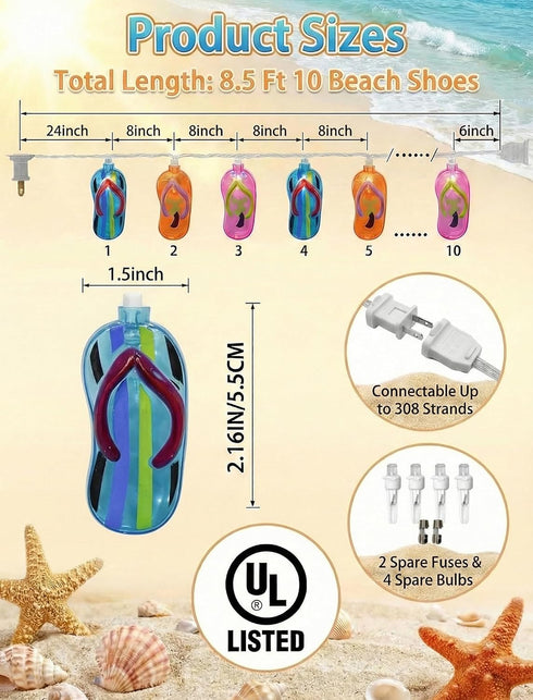 8.5Ft 10 Summer Multicolor Beach Flip Flop String Lights, Beach Themed Outdoor Party Lights with Multicolor Slipper