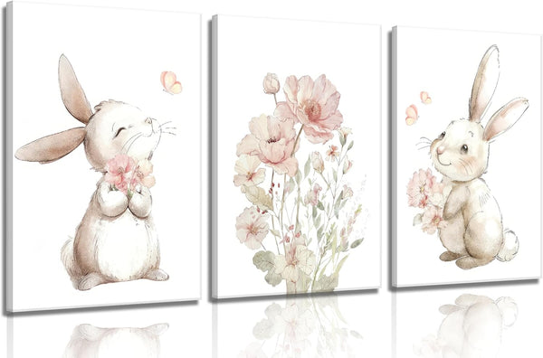 Grengel Pink Girl Nursery Bunny Canvas Wall Art Cute Rabbit Wildflowers Painting