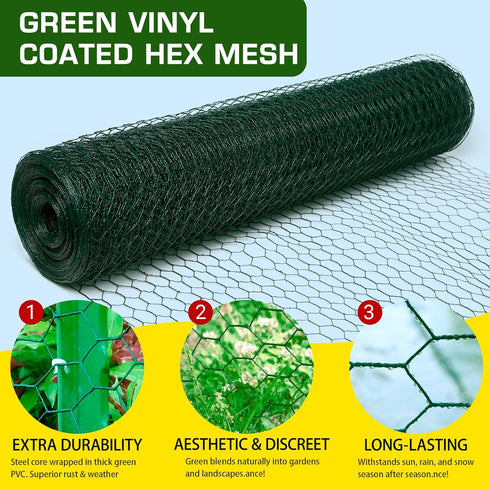 Yardbliss Wire12inx150ft, Chicken Premium Chicken Wire Fencing, Chicken Wire Mesh, Green PVC Coated Metal Wire Fence